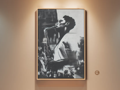 Framed canvas art featuring a black and white portrait of a man playing the saxophone. The artwork adds a touch of musical elegance to any space. Perfect for music lovers. Gallery quality framed canvas adds sophistication. Order yours today