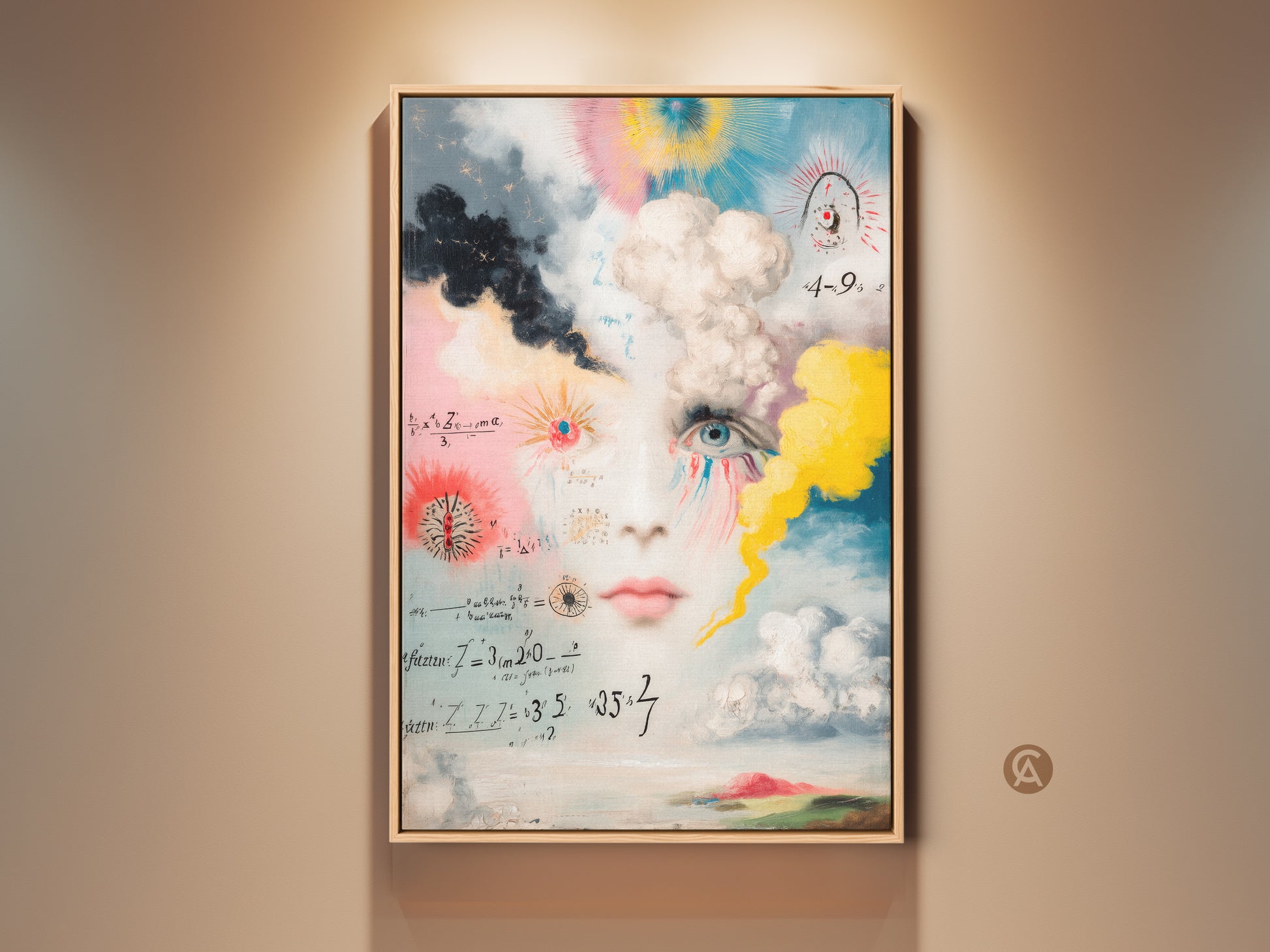 A framed surreal face canvas print is displayed against a neutral wall. The conceptual artwork blends a portrait with math equations. Blue pink and yellow hues create an intellectual and artistic statement piece.