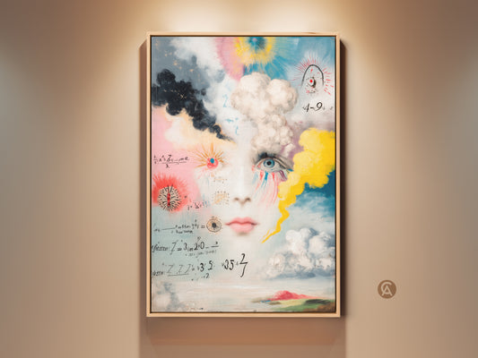 A framed surreal face canvas print is displayed against a neutral wall. The conceptual artwork blends a portrait with math equations. Blue pink and yellow hues create an intellectual and artistic statement piece.