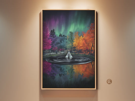 Stunning Tipi in Forest Aurora Borealis Canvas Print. The fantasy landscape wall art features colorful trees. This nature artwork adds an eclectic touch to any home decor. A perfect gift for travel and art lovers seeking a unique nature scene.