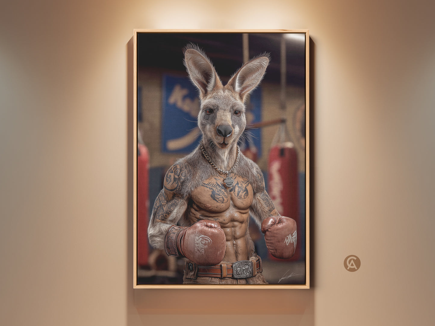 Framed kangaroo boxer art print adorns a wall. This photorealistic tattoo style canvas adds humor to man cave decor. The industrial loft artwork features red gloves and a tan color palette. Shop unique gifts for boxing fans. This animal print is ready to hang