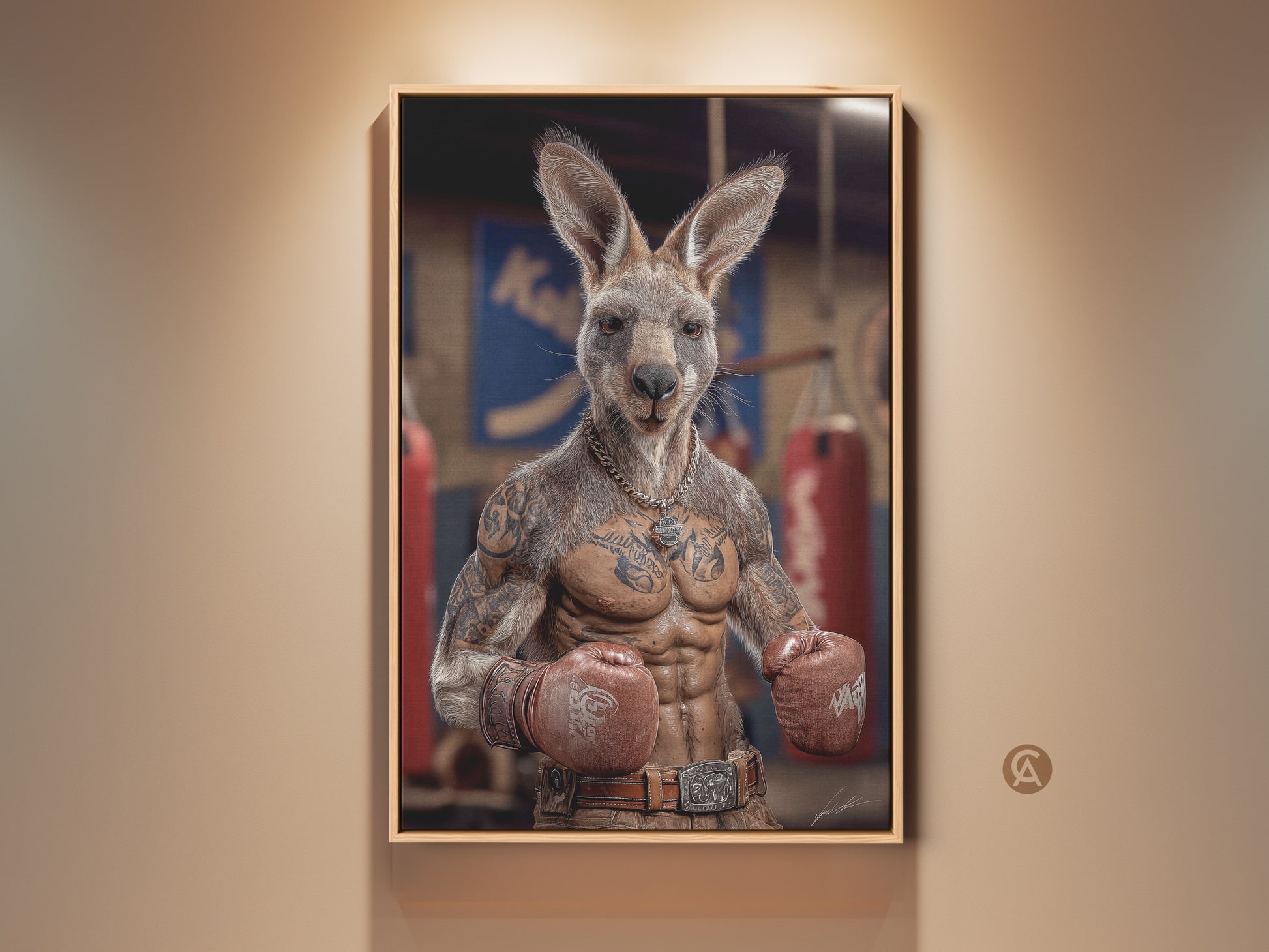 Framed kangaroo boxer art print adorns a wall. This photorealistic tattoo style canvas adds humor to man cave decor. The industrial loft artwork features red gloves and a tan color palette. Shop unique gifts for boxing fans. This animal print is ready to hang