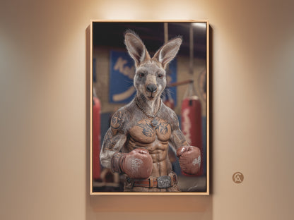 Framed kangaroo boxer art print adorns a wall. This photorealistic tattoo style canvas adds humor to man cave decor. The industrial loft artwork features red gloves and a tan color palette. Shop unique gifts for boxing fans. This animal print is ready to hang