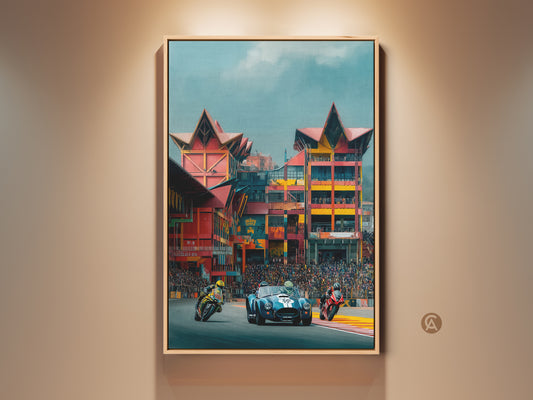 Retro racing scene canvas print. A blue vintage car and motorcycles race on a vibrant track. Colorful industrial loft decor adds adrenaline to a home office or garage. Perfect gift for F1 fans and motorsport enthusiasts.