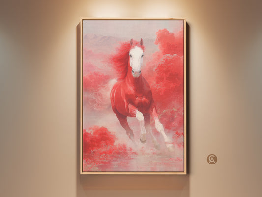 Framed red horse running art print. This fantasy horse wall art features pink clouds. It's an asian style horse art piece. This horse lover gift wall decor adds an eclectic touch. This mythology animal artwork is vibrant and powerful.