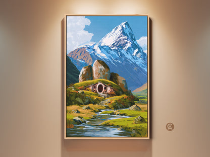 Stylized hobbit hole artwork on canvas. It features a cozy hobbit home nestled by a snowy mountain. The cool blues and greens bring fantasy to any room. Perfect wall decor for fantasy & nature fans.