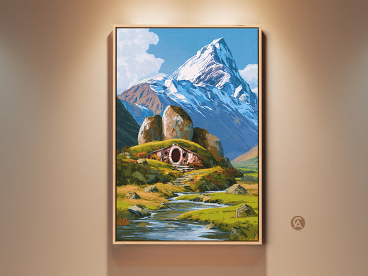 Stylized hobbit hole artwork on canvas. It features a cozy hobbit home nestled by a snowy mountain. The cool blues and greens bring fantasy to any room. Perfect wall decor for fantasy & nature fans.