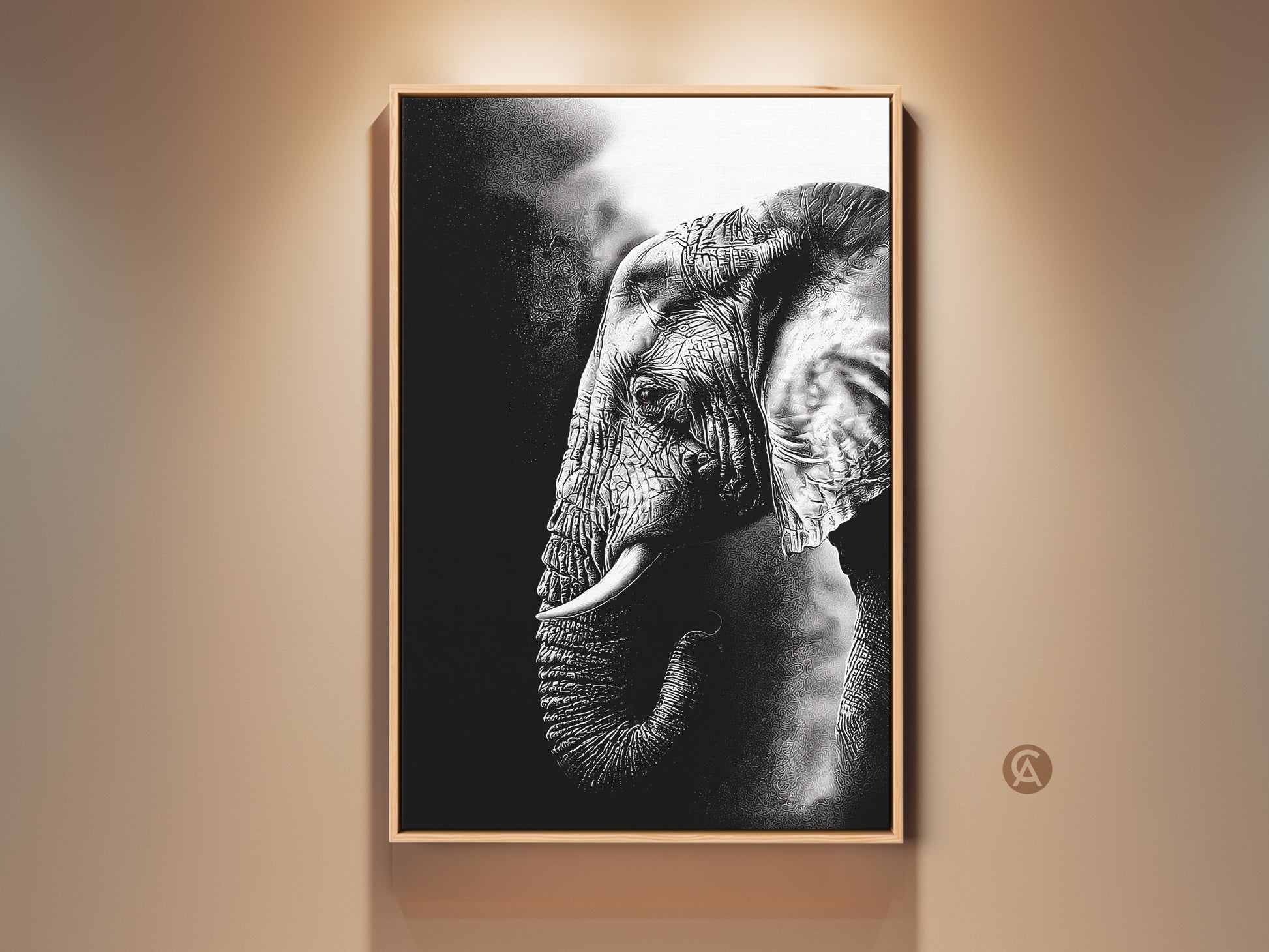Framed monochrome elephant art print brings modern sophistication. The black and white wildlife canvas enhances any room. A perfect housewarming gift for animal art enthusiasts. The elephant tusks are prominently displayed in this minimalist yet impactful home decor piece.