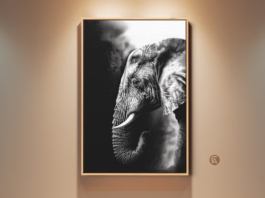 Framed monochrome elephant art print brings modern sophistication. The black and white wildlife canvas enhances any room. A perfect housewarming gift for animal art enthusiasts. The elephant tusks are prominently displayed in this minimalist yet impactful home decor piece.