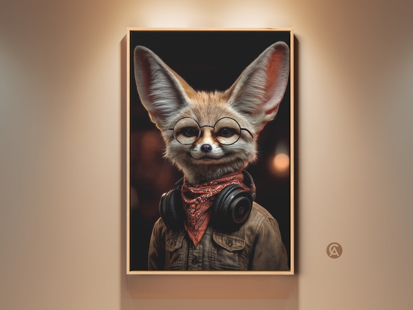Framed wall art of a Fennec Fox. The fox wears glasses and headphones.  A tan orange brown color palette gives an eclectic retro style. This headphone wearing fox art print makes a cool music enthusiast gift for an office or home.