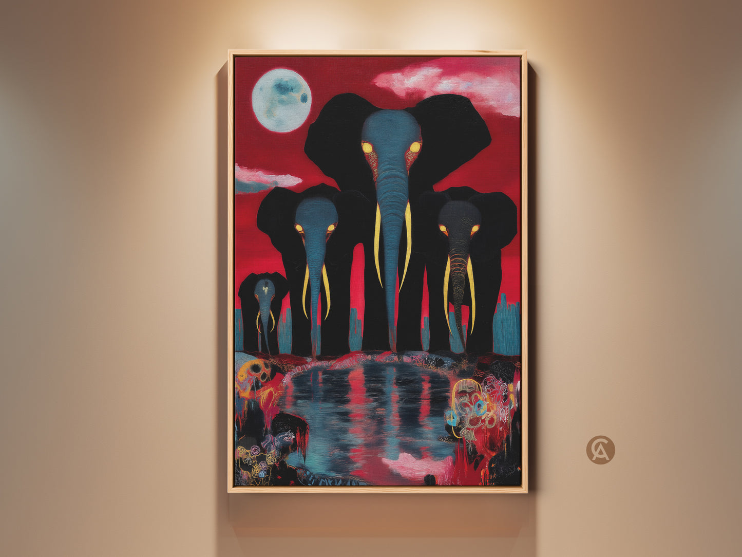 A surreal elephant family artwork under a moonlit red sky is framed on a neutral wall. This eclectic animal wall art features black elephants with blue accents. It is perfect for animal lovers seeking unique home decor.