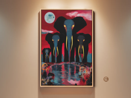 A surreal elephant family artwork under a moonlit red sky is framed on a neutral wall. This eclectic animal wall art features black elephants with blue accents. It is perfect for animal lovers seeking unique home decor.