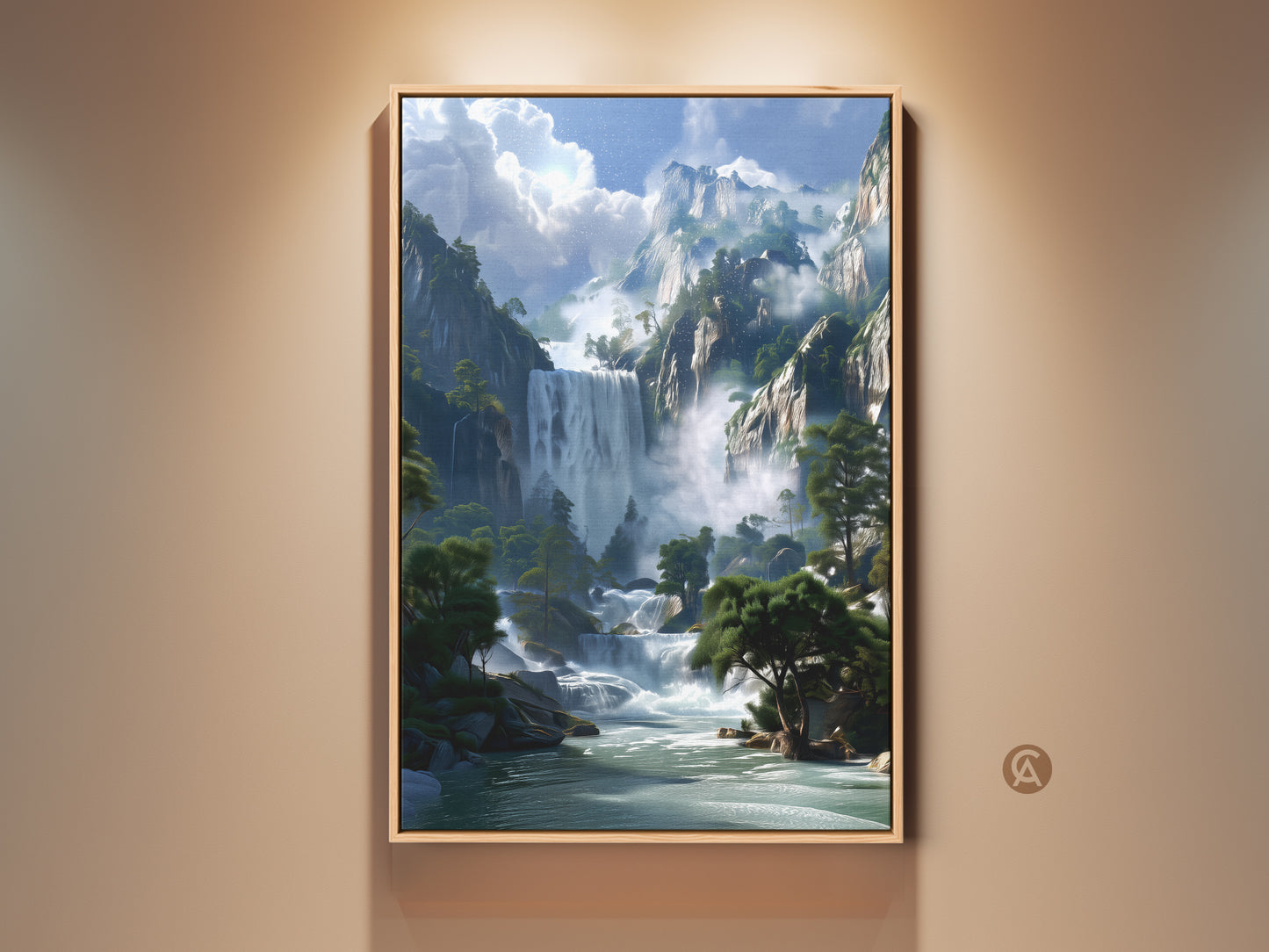 Rustic mountain waterfall art print displayed in a warm setting. The blue and green landscape canvas adds nature scenery decor to any room. A perfect housewarming gift for bedroom walls. The artwork showcases a tranquil nature scene.