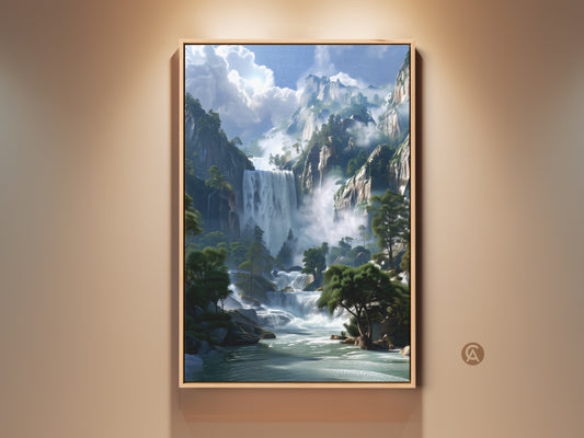Rustic mountain waterfall art print displayed in a warm setting. The blue and green landscape canvas adds nature scenery decor to any room. A perfect housewarming gift for bedroom walls. The artwork showcases a tranquil nature scene.
