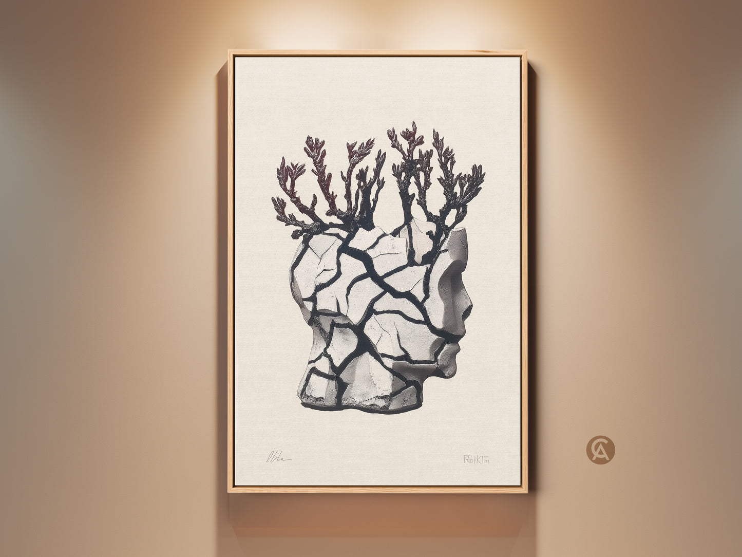 Framed conceptual art print featuring a surreal head sculpture. The artwork displays a branch motif in beige black and gray. It adds an eclectic modern touch to any room. A unique housewarming gift for art lovers. The artwork is displayed in a beige wall environment adding to its aesthetic.