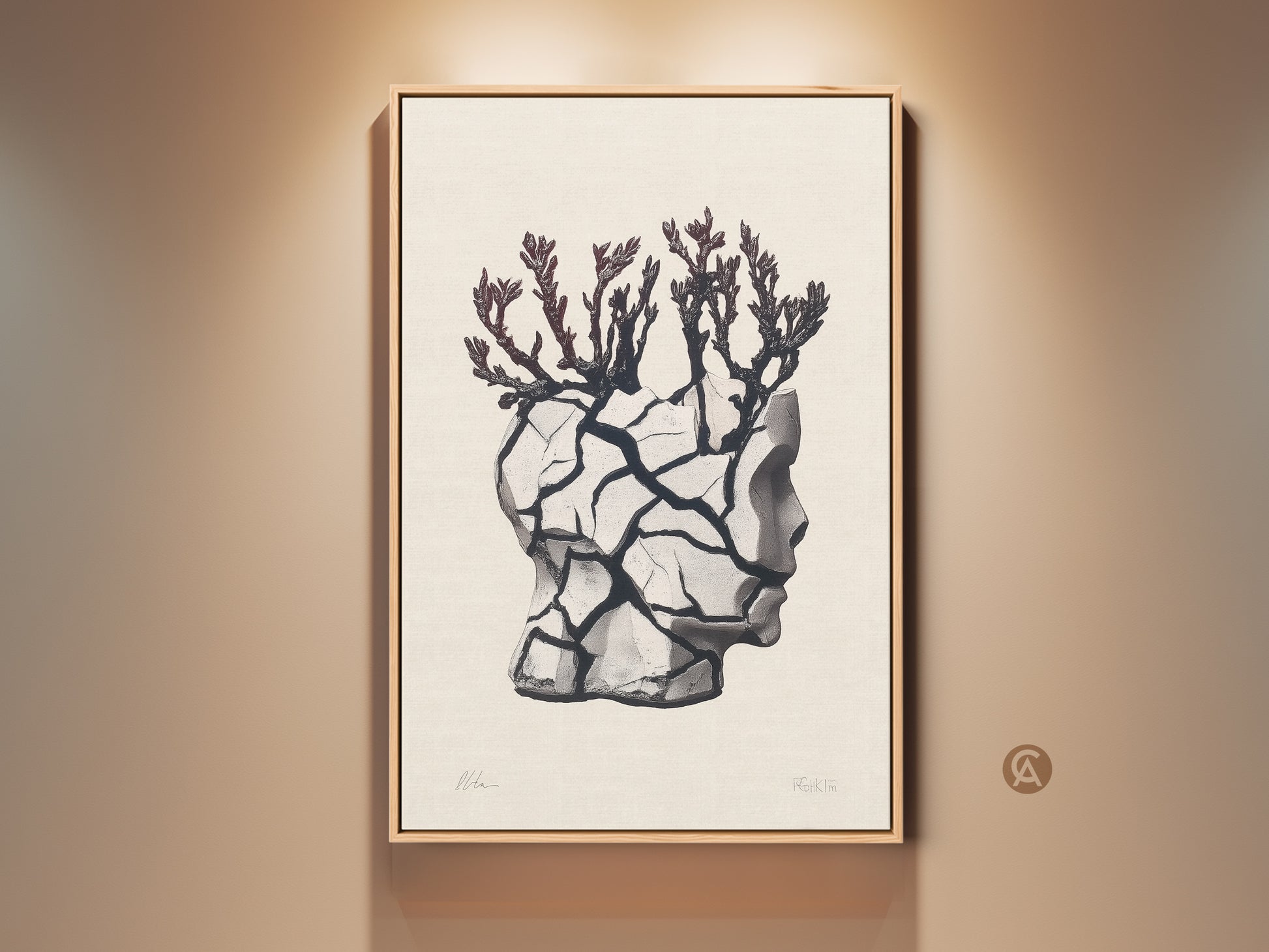 Framed conceptual art print featuring a surreal head sculpture. The artwork displays a branch motif in beige black and gray. It adds an eclectic modern touch to any room. A unique housewarming gift for art lovers. The artwork is displayed in a beige wall environment adding to its aesthetic.