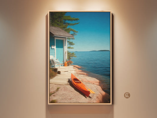 Beach Kayak Wall Artwork brings a serene coastal scene to your home. It features an orange kayak near a blue ocean cottage. This coastal landscape print is perfect nautical decor and a thoughtful housewarming gift for beach lovers.
