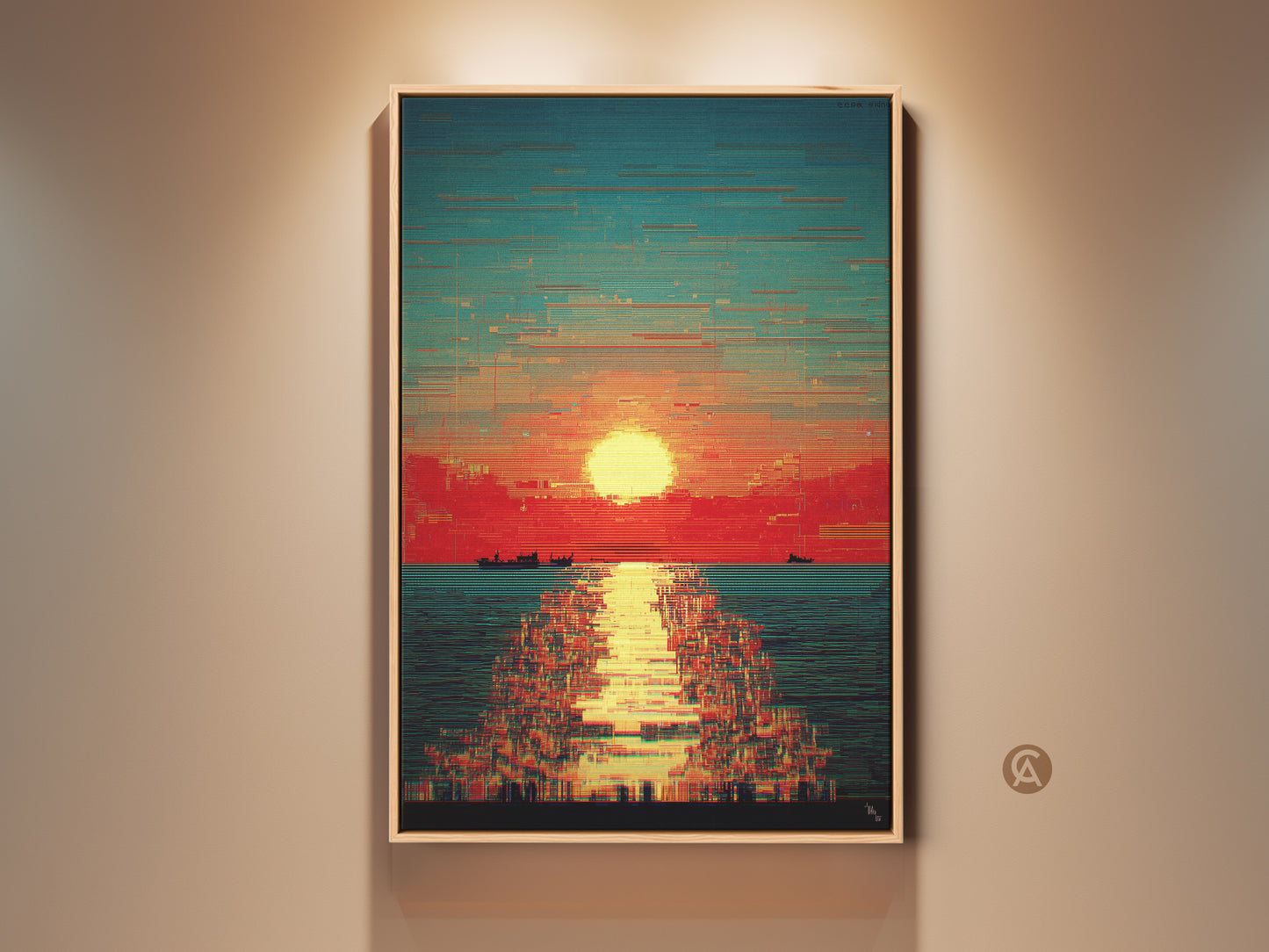 Framed glitch art canvas print showcases an abstract sunset seascape. Red orange and teal hues create a vibrant coastal scene. Boats add a touch of nautical charm. A unique travel gift and modern home decor piece.