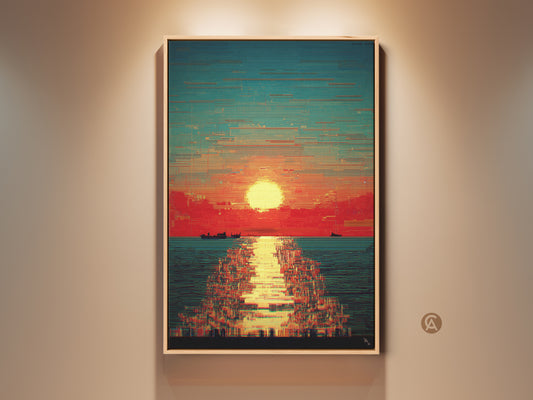 Framed glitch art canvas print showcases an abstract sunset seascape. Red orange and teal hues create a vibrant coastal scene. Boats add a touch of nautical charm. A unique travel gift and modern home decor piece.
