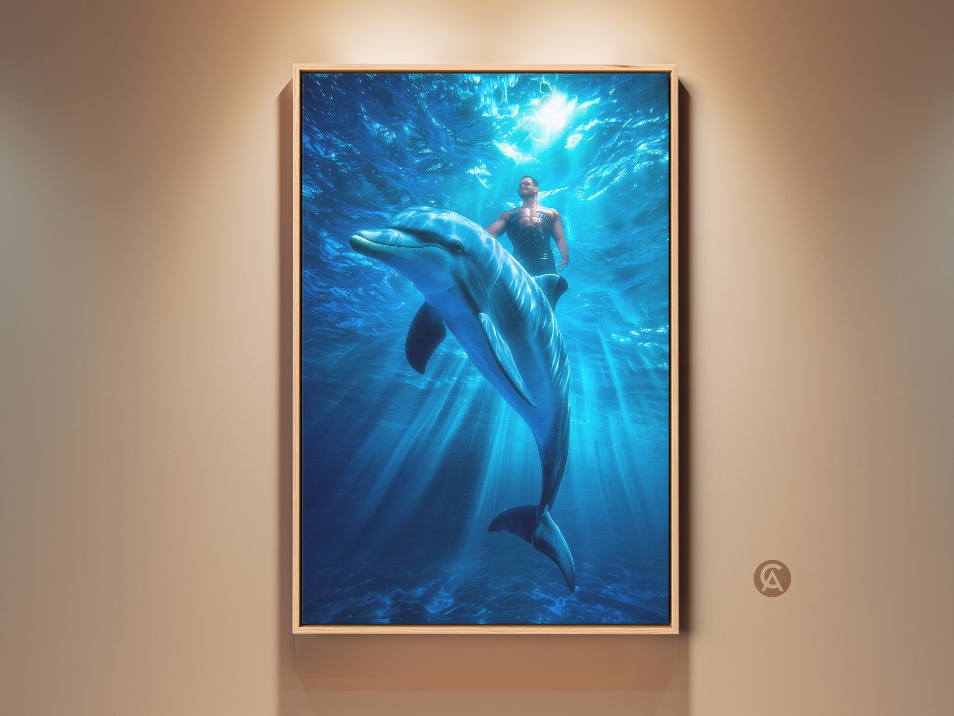 Fantasy ocean art print showcases a man swimming with a dolphin underwater. This contemporary artwork features a blue coastal wall decor theme. It's surreal bedroom art that captures a dreamy aquatic scene.