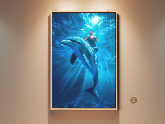 Fantasy ocean art print showcases a man swimming with a dolphin underwater. This contemporary artwork features a blue coastal wall decor theme. It's surreal bedroom art that captures a dreamy aquatic scene.