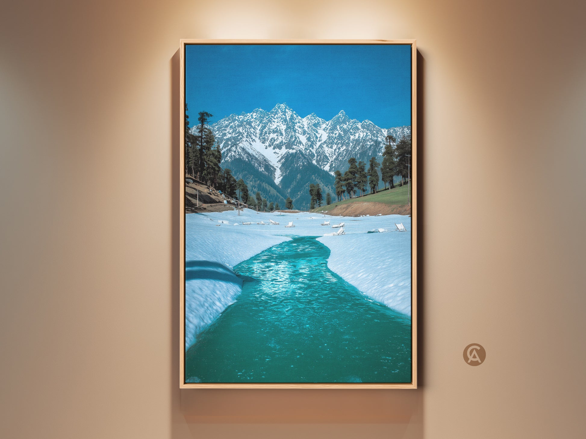 Blue Snowy Mountain Canvas Print displayed in a room setting. This realistic winter landscape wall art captures the serene beauty of nature. Perfect as home decor or a thoughtful housewarming gift for mountain lovers. Ready to hang and adds a touch of modern elegance.