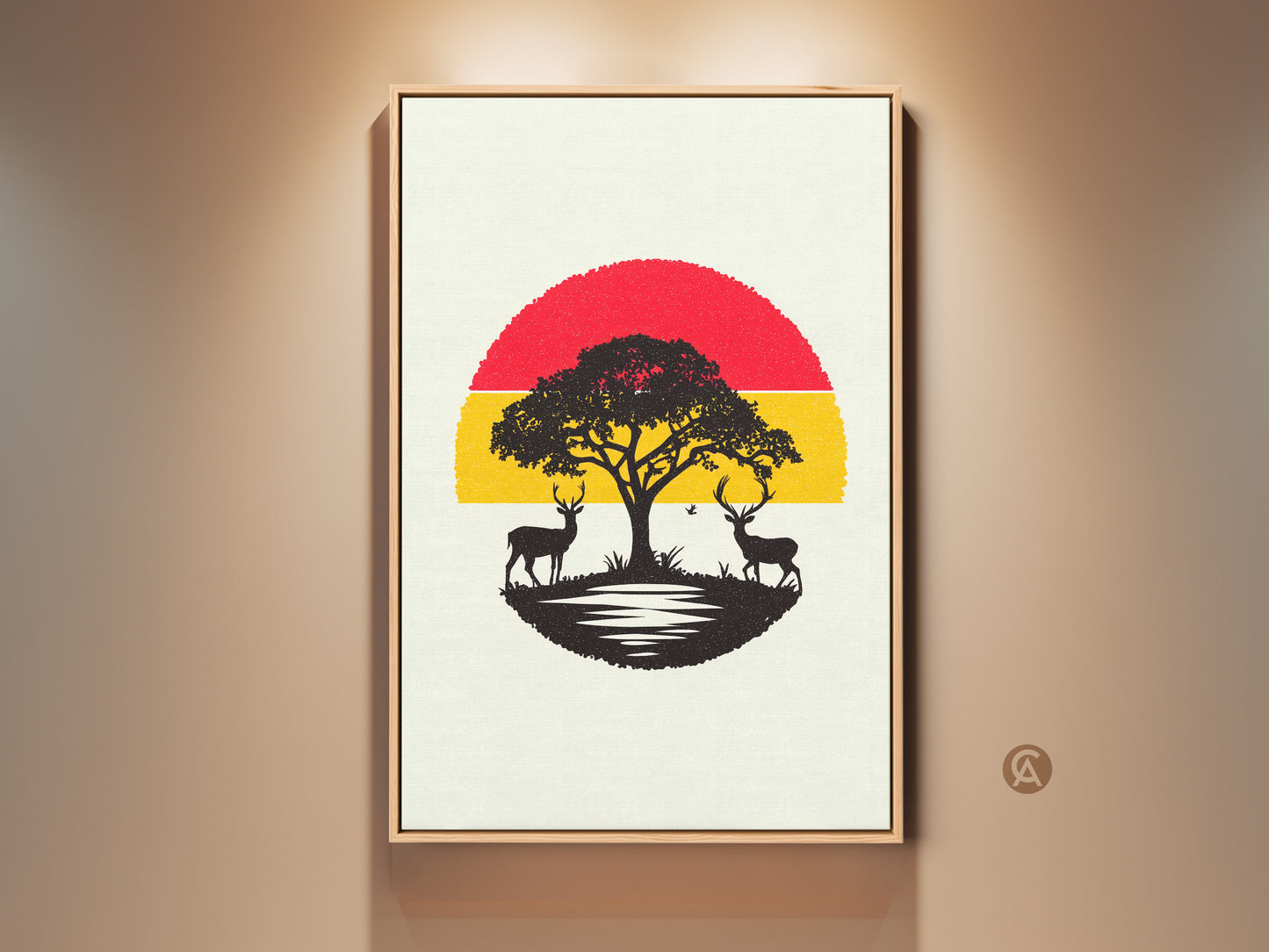 Framed minimalist landscape wall art displays a red and yellow sunset with a black acacia tree and deer silhouettes. This modern nature home decor offers a serene scenic view. This contemporary art print is ideal for living rooms or offices. It brings a unique safari theme.