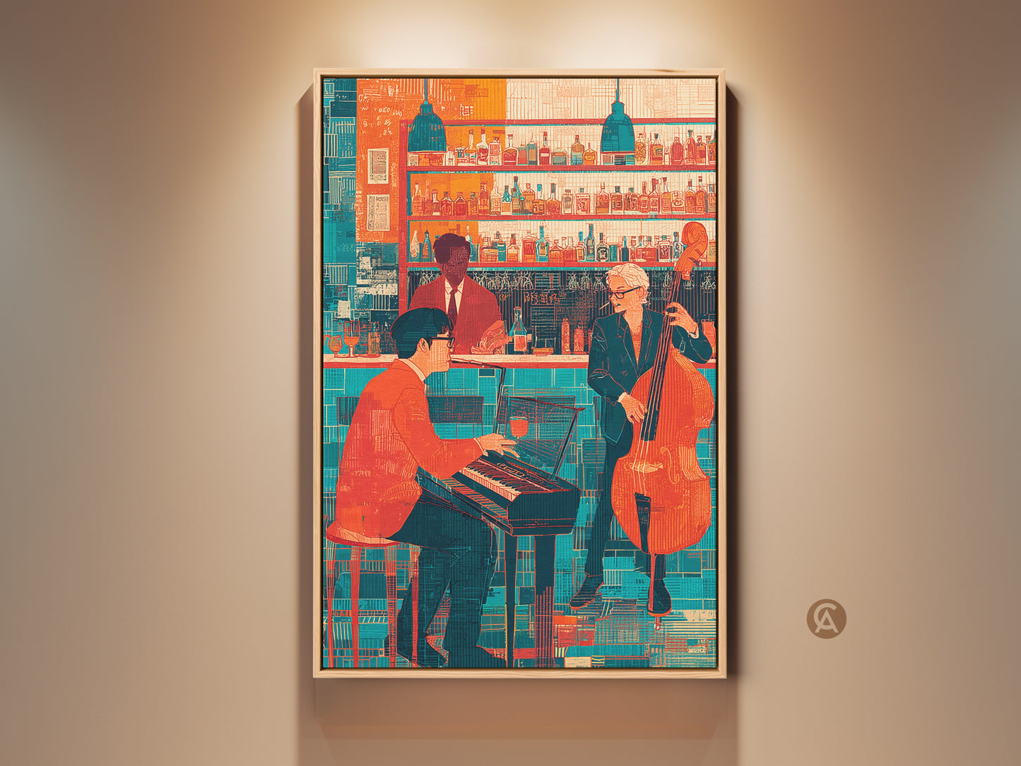 Framed orange and teal jazz bar scene artwork. Eclectic music wall art featuring a pianist and double bass player. This retro jazz print adds a vibrant touch to any space. A perfect gift for jazz lovers looking for unique home bar decor or a colorful music room wall hanging.