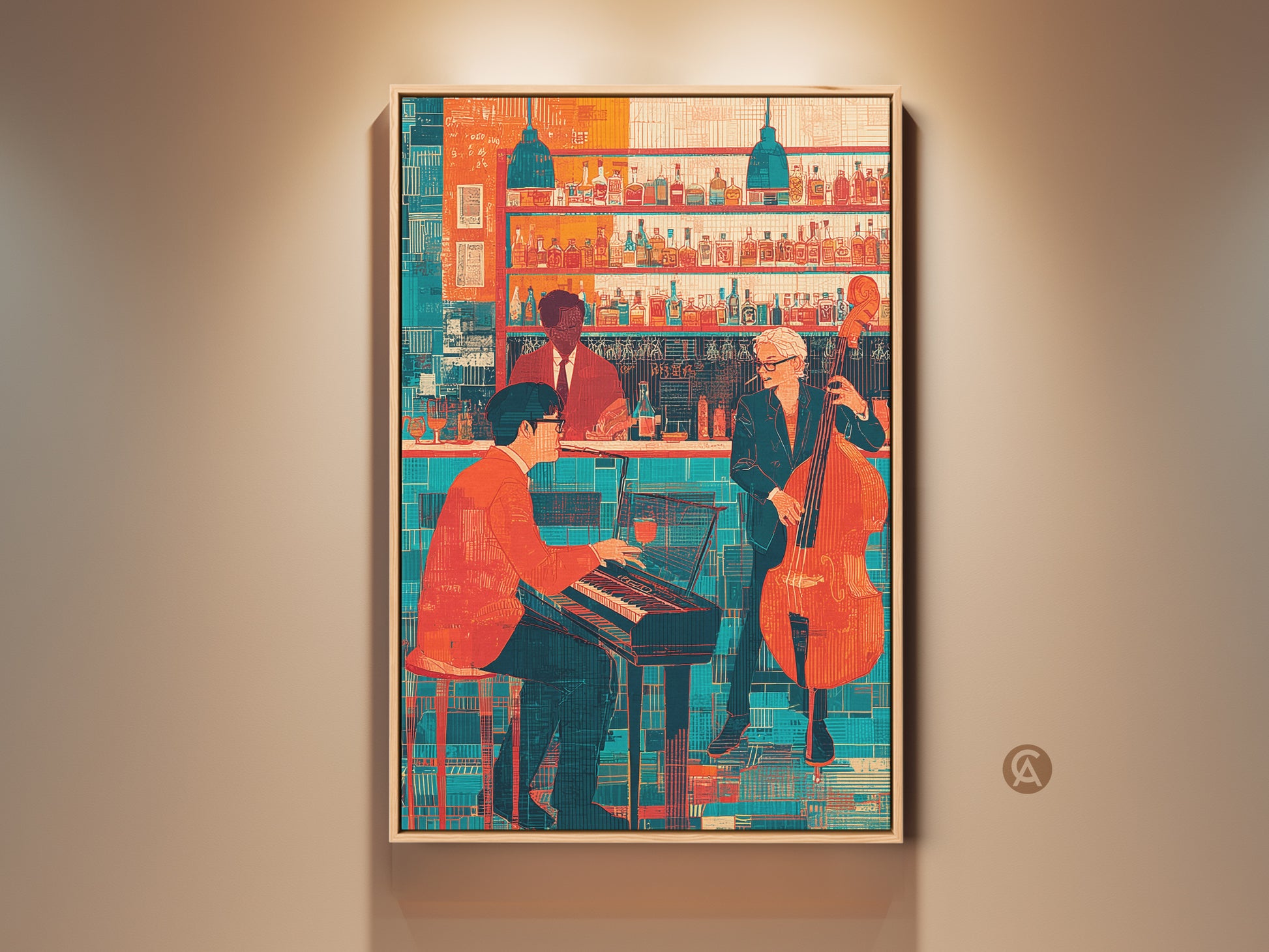 Framed orange and teal jazz bar scene artwork. Eclectic music wall art featuring a pianist and double bass player. This retro jazz print adds a vibrant touch to any space. A perfect gift for jazz lovers looking for unique home bar decor or a colorful music room wall hanging.