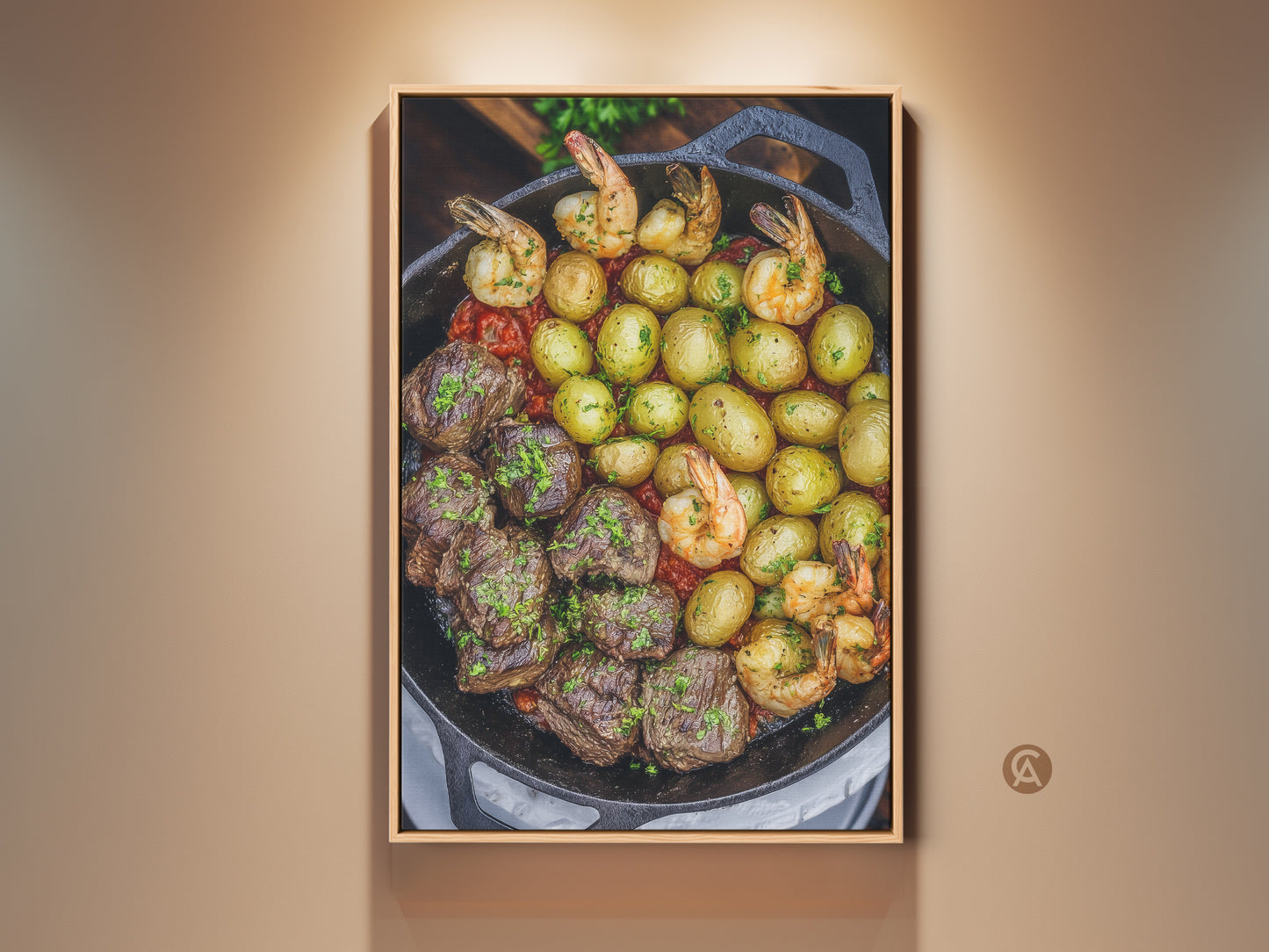 Gourmet comfort food canvas print featuring a steak and shrimp skillet. This rustic farmhouse dining wall decor is a perfect gift for home cooks. The appetizing food art adds a cozy touch to any kitchen. The red green and brown tones enhance the modern farmhouse aesthetic.