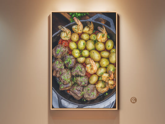 Gourmet comfort food canvas print featuring a steak and shrimp skillet. This rustic farmhouse dining wall decor is a perfect gift for home cooks. The appetizing food art adds a cozy touch to any kitchen. The red green and brown tones enhance the modern farmhouse aesthetic.