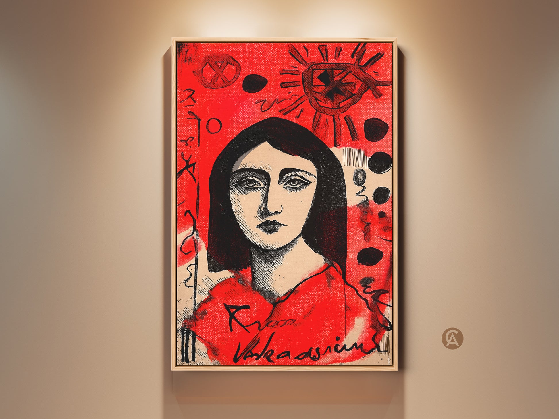 Framed portrait artwork. This art features a lady with striking eyes. The background has unique symbols in red. This framed canvas is ready to hang and will elevate your space.