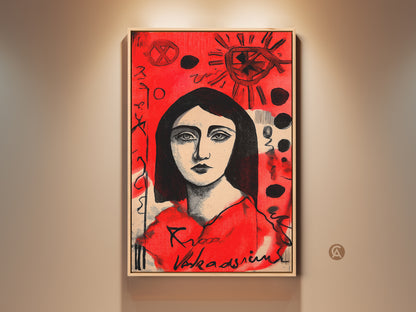 Framed portrait artwork. This art features a lady with striking eyes. The background has unique symbols in red. This framed canvas is ready to hang and will elevate your space.