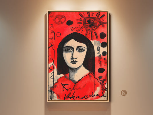 Framed portrait artwork. This art features a lady with striking eyes. The background has unique symbols in red. This framed canvas is ready to hang and will elevate your space.