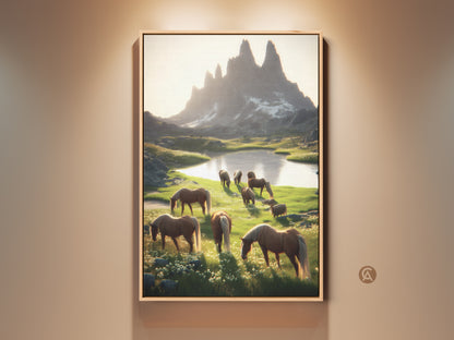 Stunning photorealistic horse canvas print. This rustic mountain landscape wall art features a gold and green palette. It's perfect equestrian home decor. A great horse lover gift idea to add natural beauty to your space. The artwork captures a sunlit meadow scene.