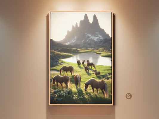 Stunning photorealistic horse canvas print. This rustic mountain landscape wall art features a gold and green palette. It's perfect equestrian home decor. A great horse lover gift idea to add natural beauty to your space. The artwork captures a sunlit meadow scene.