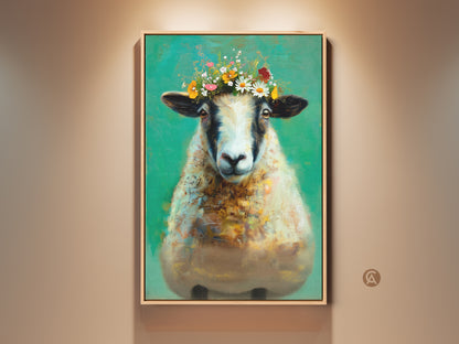 Charming sheep art print displayed in a natural wood frame. This whimsical animal art features a floral crown. The emerald green and teal tones create a farmhouse feel. It is a unique housewarming gift idea for animal lovers. This botanical sheep art is perfect for rustic wall decor and country farm art.