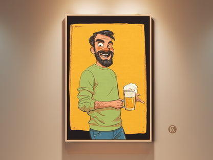 Framed beer mug cartoon print features a funny man. It's great bar decor and a perfect beer lover gift. This eclectic wall art adds humor to any space. The artwork has an orange green palette.