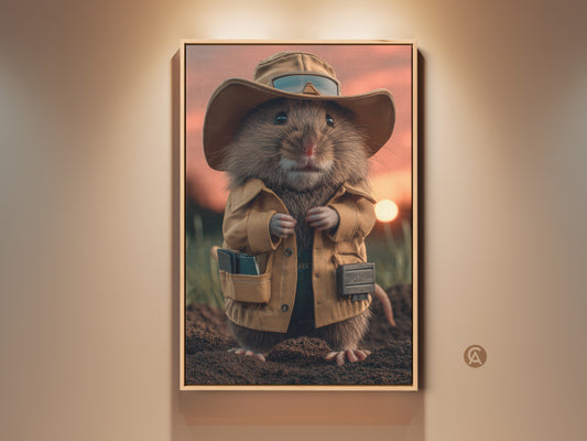 Whimsical mouse explorer art in brown and yellow tones adds charm to any space. This surreal animal wall print is perfect eclectic study room decor. The canvas brings a unique gift for animal lovers.