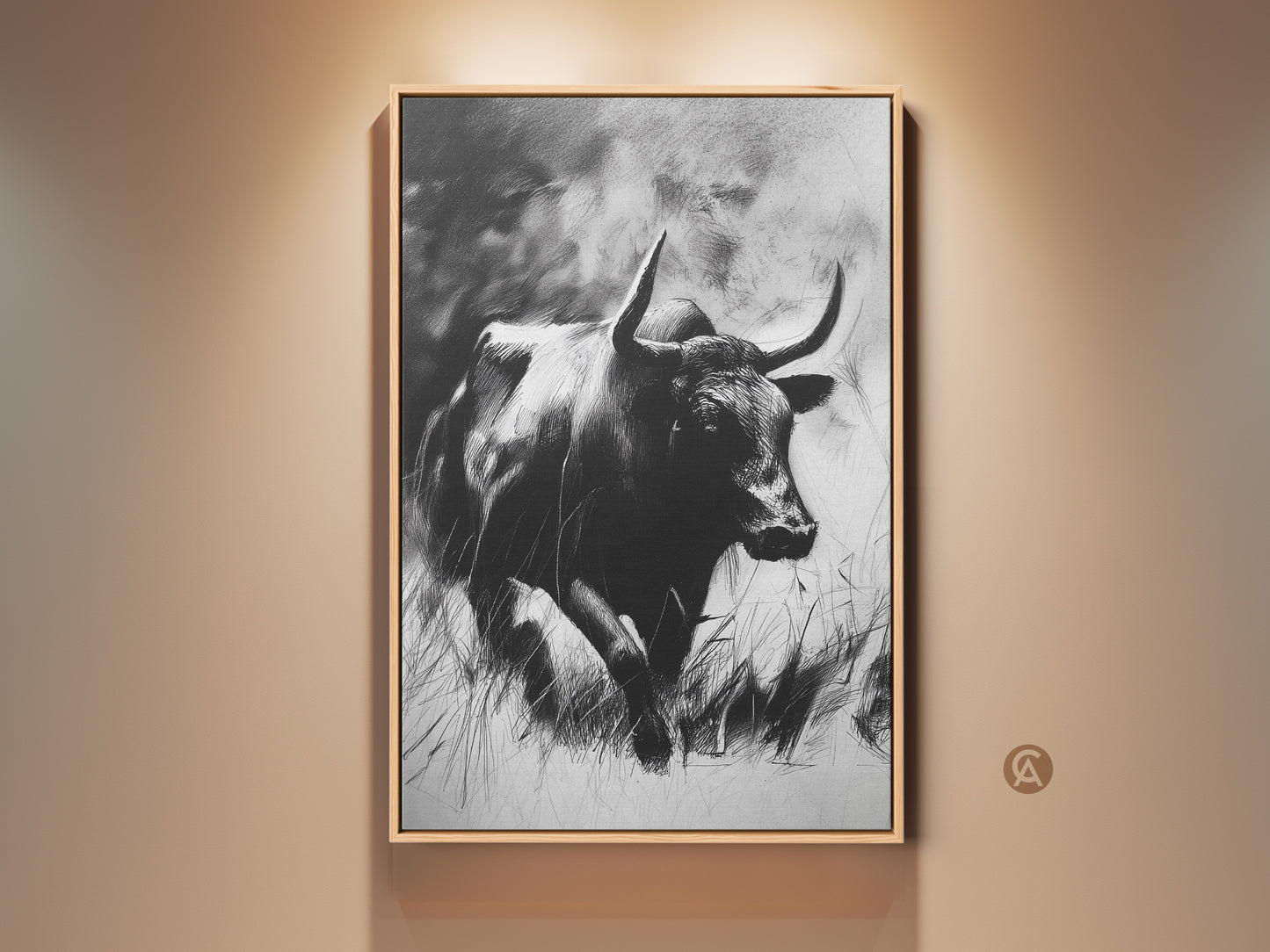 Rustic bull sketch wall art in a farmhouse setting. This monochrome animal print captures the essence of wildlife art. The bull art adds a touch of nature to office & study decor. A unique rancher birthday gift idea. Bring the outdoors in with this striking piece.