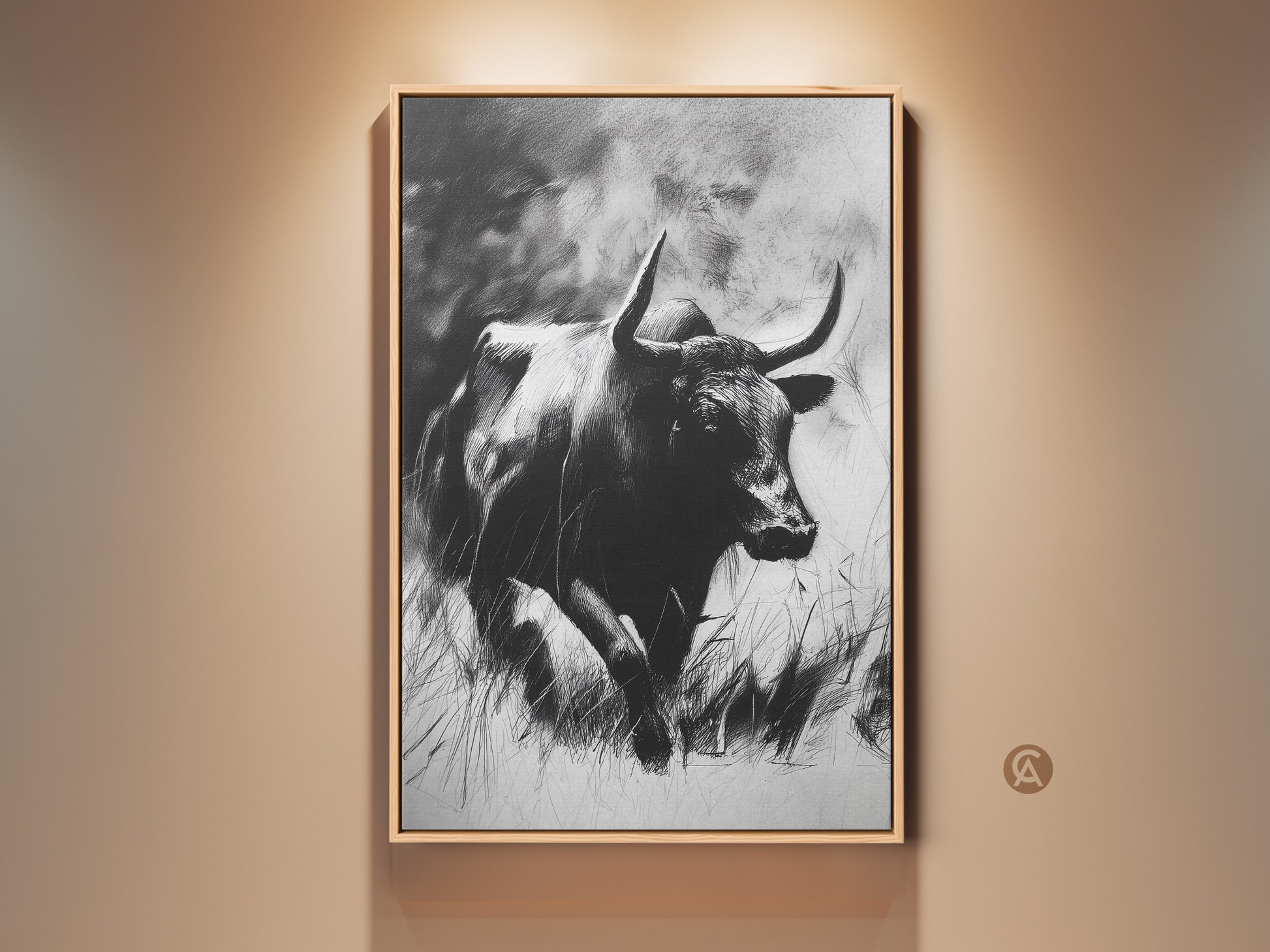 Rustic bull sketch wall art in a farmhouse setting. This monochrome animal print captures the essence of wildlife art. The bull art adds a touch of nature to office & study decor. A unique rancher birthday gift idea. Bring the outdoors in with this striking piece.