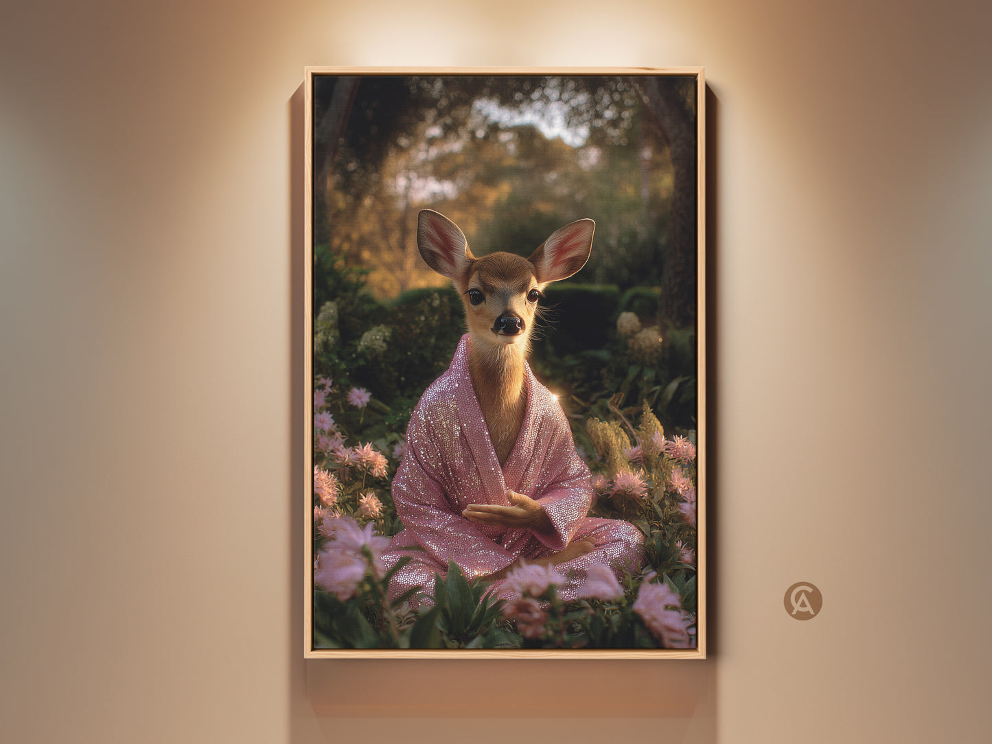 Boho deer art print. A serene fawn meditates in a lush green garden wearing a pink sequin robe. This spiritual animal wall decor brings a unique calming energy. Perfect yoga gift or housewarming present for spiritual seekers.