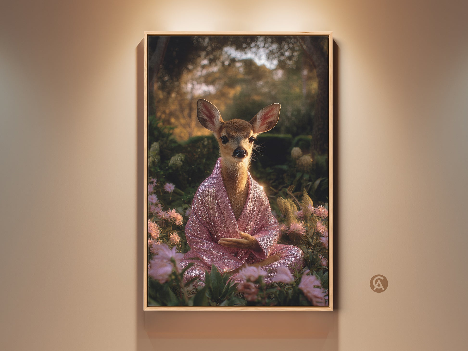 Boho deer art print. A serene fawn meditates in a lush green garden wearing a pink sequin robe. This spiritual animal wall decor brings a unique calming energy. Perfect yoga gift or housewarming present for spiritual seekers.