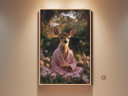 Boho deer art print. A serene fawn meditates in a lush green garden wearing a pink sequin robe. This spiritual animal wall decor brings a unique calming energy. Perfect yoga gift or housewarming present for spiritual seekers.