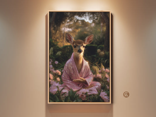 Boho deer art print. A serene fawn meditates in a lush green garden wearing a pink sequin robe. This spiritual animal wall decor brings a unique calming energy. Perfect yoga gift or housewarming present for spiritual seekers.