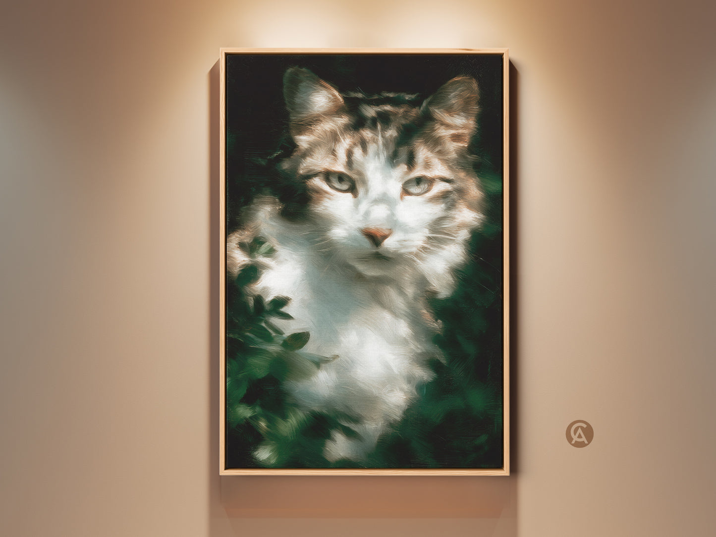 Framed cat art print. A cute tabby cat portrait in a wooden frame. The artwork captures the essence of feline grace. Perfect for cat lovers seeking unique home decor. This wall art brings charm and personality to any space.