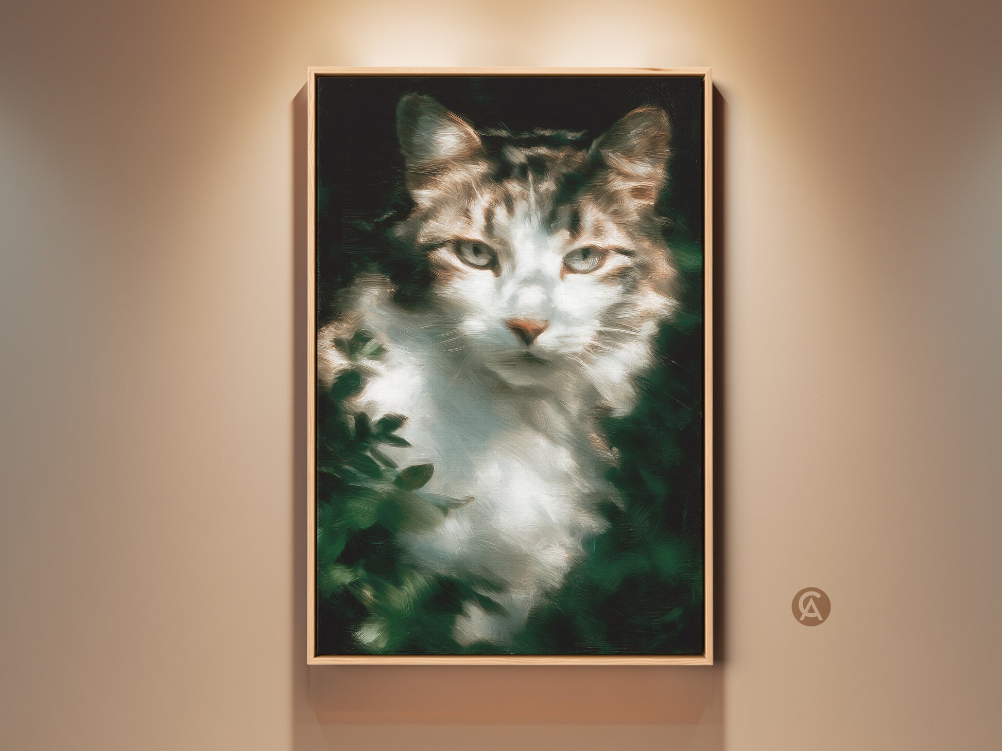 Framed cat art print. A cute tabby cat portrait in a wooden frame. The artwork captures the essence of feline grace. Perfect for cat lovers seeking unique home decor. This wall art brings charm and personality to any space.