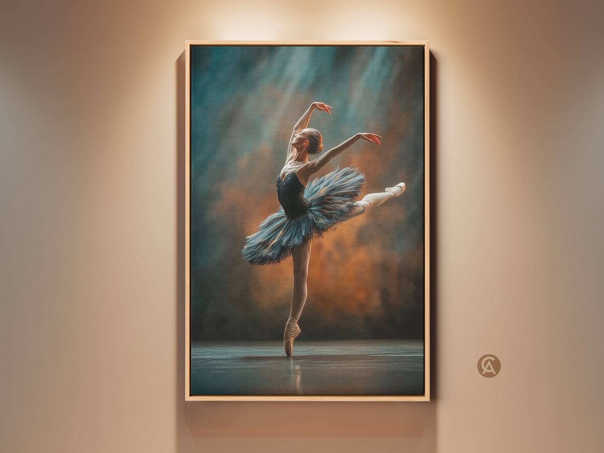 Framed ballerina canvas art. A ballerina strikes a pose en pointe. Her arms are gracefully extended. She wears a blue tutu. The artwork is displayed in a light wood frame. The wall behind the art is a soft beige. It creates a warm inviting atmosphere.