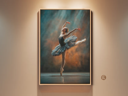 Framed ballerina canvas art. A ballerina strikes a pose en pointe. Her arms are gracefully extended. She wears a blue tutu. The artwork is displayed in a light wood frame. The wall behind the art is a soft beige. It creates a warm inviting atmosphere.
