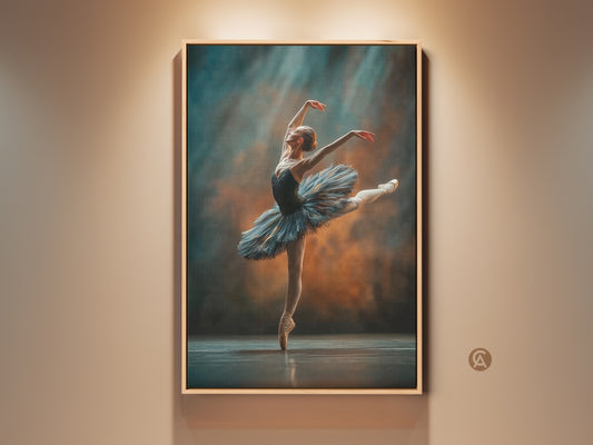 Framed ballerina canvas art. A ballerina strikes a pose en pointe. Her arms are gracefully extended. She wears a blue tutu. The artwork is displayed in a light wood frame. The wall behind the art is a soft beige. It creates a warm inviting atmosphere.